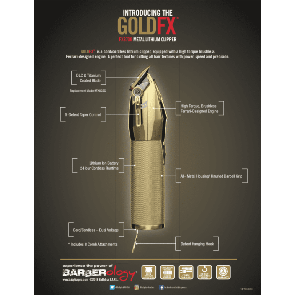 BABYLISS PRO GoldFX FX870G Metal Lithium Clipper